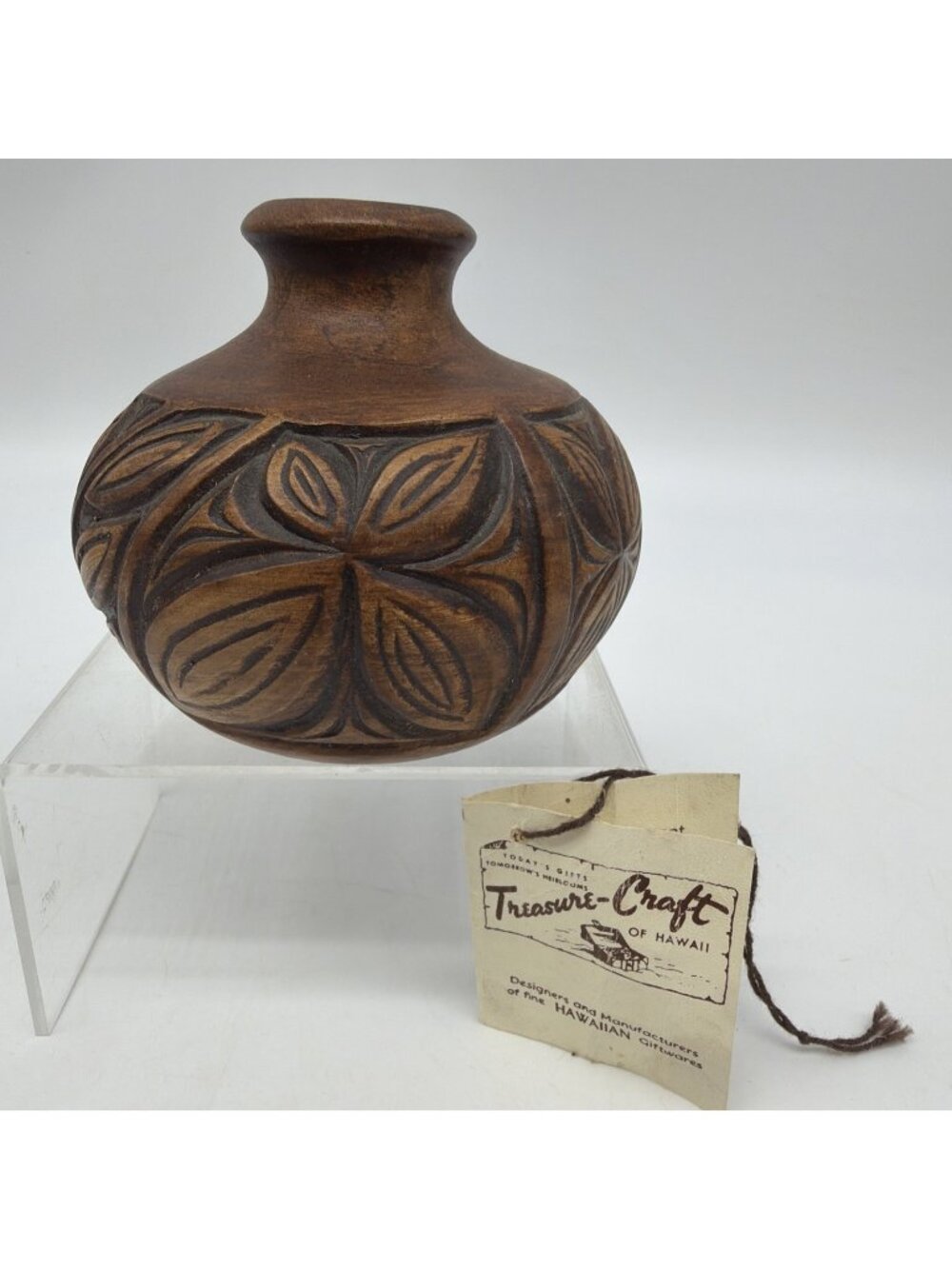VTG MCM TIC Hawaii Treasure Craft Ceramic Wood Look Vessel Vase Souvenir OG Tag